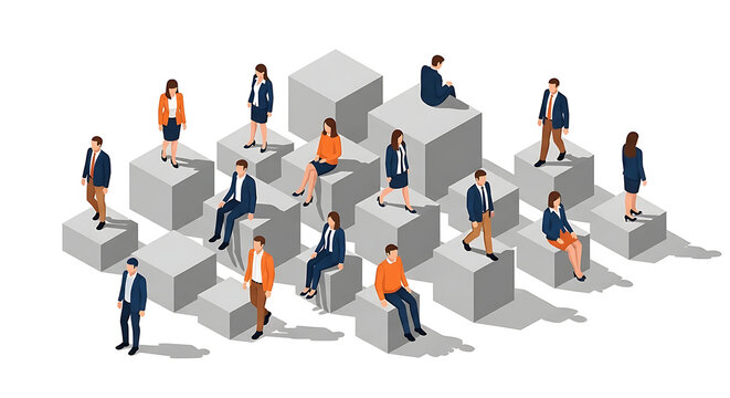 Diverse Business People Standing and Sitting on Isometric Blocks Illustrating Corporate Structure Hierarchy and Teamwork in a Professional Setting