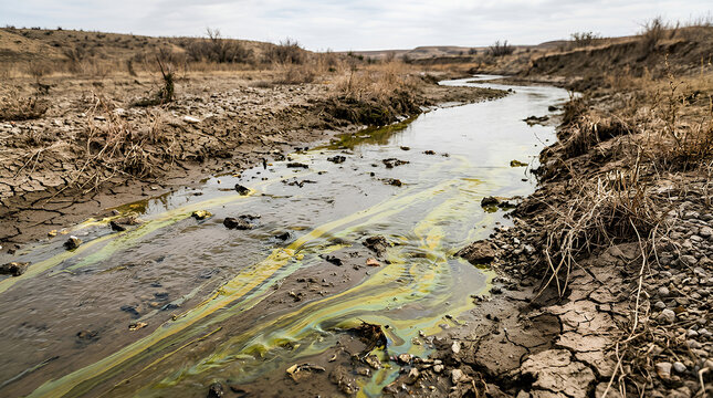 Arid landscape with a narrow waterway showing signs of pollution and environmental stress in a dry region