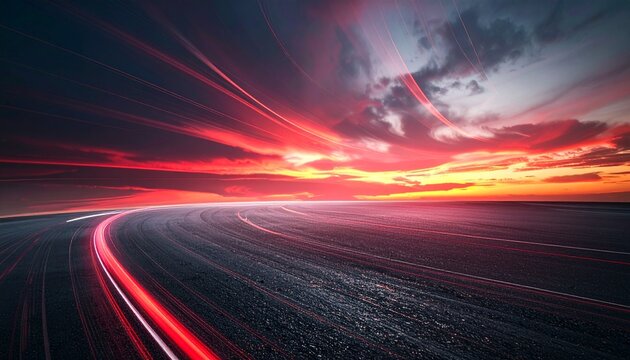 夕焼け空に赤い光の軌跡が走るアスファルト舗装路の近未来的な背景素材