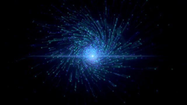 暗い空間に広がる青白い光と放射状の粒子