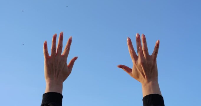 Raised hands shift from clenched fists to open hands beneath blue sky. Person waves in daylight, showing hope, freedom, and unity. Simple gesture offers positive copy space for social messages.