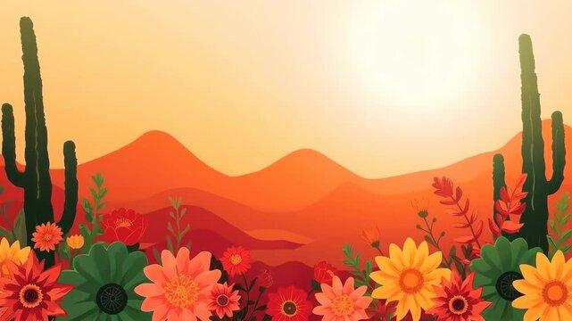 Vector desert landscape with cactus, wildflower, and sunset beneath pale sun