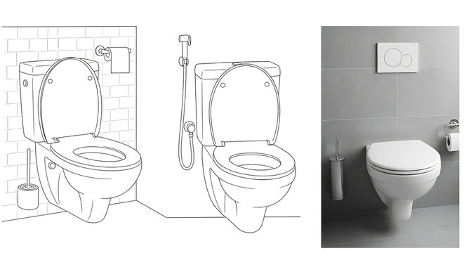 Modern Toilet Design Showcasing Various Bathroom Fixtures Including Wall Mounted Toilet and Bidet Shower for Plumbing and Hygiene