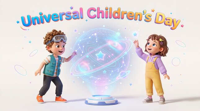 Two happy children playing with a magical holographic interface for universal childrens day celebration