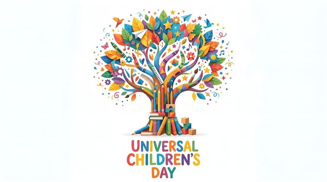 Colorful artistic tree illustration celebrating universal children day with diverse kids playing and learning together in nature