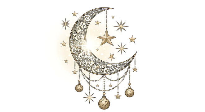 Ornate Crescent Moon with Hanging Celestial Stars and Decorative Beads on White Background for Ramadan Design