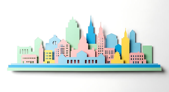 Paper Cutout Cityscape with Pastel Colors Abstract Buildings Forming an Urban Skyline Great for Architecture and Design Concepts