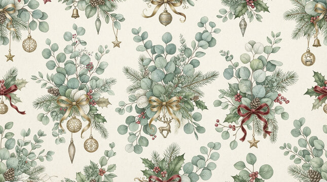 Minimalist winter botanical pattern with eucalyptus leaves and golden ornaments for elegant festive stationery and home decor.