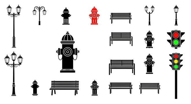 Street Furniture City Elements Urban Icons Vector Illustration Set of Public Infrastructure Ideal for Urban Planning and Design