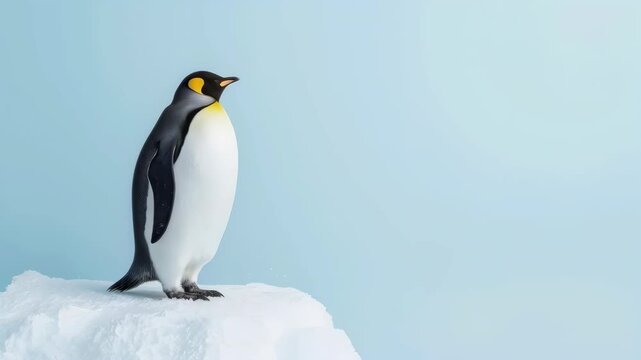 Emperor Penguin Standing on Snowy Ice Against Pale Blue Frozen Sea Backdrop
