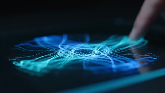 Close Up Human Finger Touching Futuristic Glass Touchscreen Interface with Glowing Cyan Energy Lines and Digital Waves