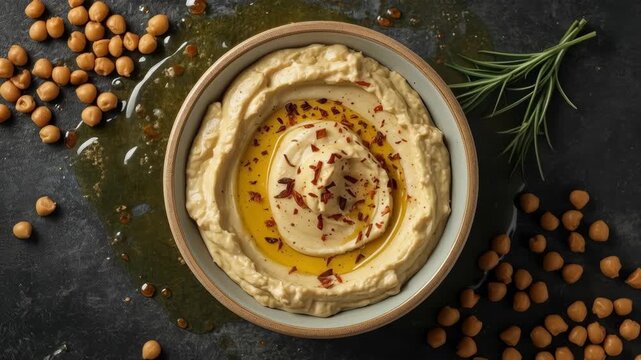 Rosemary Chickpea Hummus Dip with Olive Oil, Savory Appetizer Served in Ceramic Bowl