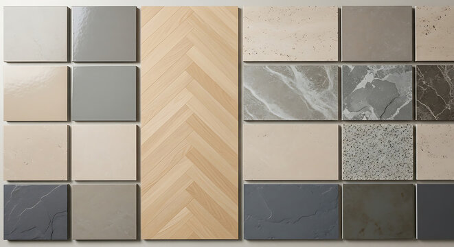 Various Material Samples and Flooring Tiles for Interior Design Showcasing Wood Parquet and Natural Stone for Home Renovation Inspiration