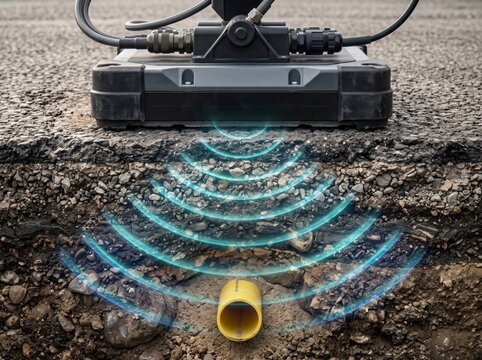Ground penetrating radar device scanning subsurface asphalt and soil to detect a buried yellow utility pipeline with electromagnetic wave visualization.