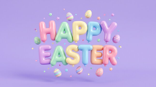 Happy Easter inflatable balloon text with pastel eggs on purple background 