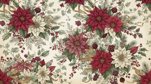 Rich floral holiday pattern with burgundy and white poinsettias and winter berries for luxury seasonal textile design.