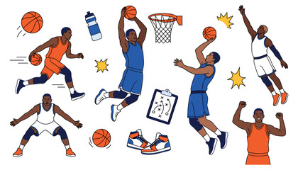 Basketball Player Character Actions and Equipment Sticker Pack with Dribbling Dunking Shooting Poses for Sports Graphics Game Tactics and Championship Designs © Motin