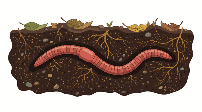 Earthworms tunneling in dark soil with roots