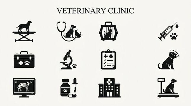 Veterinary clinic icon set featuring medical equipment and pet care
