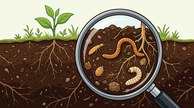 Earthworms and roots in soil with plant sprouting