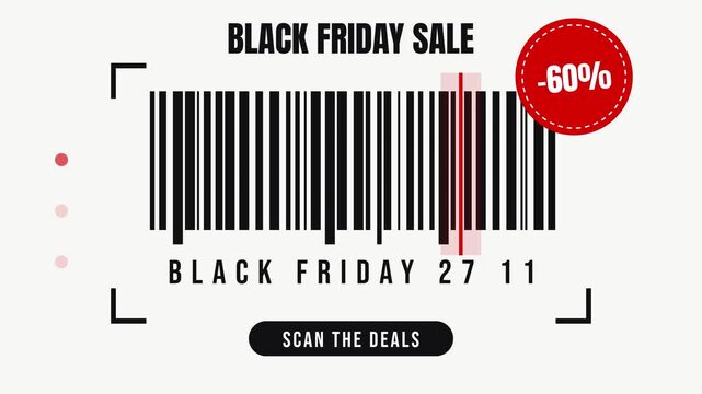Red laser scanning a barcode with Black Friday date digits and a -60% price badge on white. Seamless looping 2D animation.
