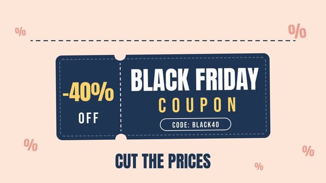 Scissors cutting along a dashed line above a Black Friday -40% coupon on a peach background. Seamless looping 2D animation.