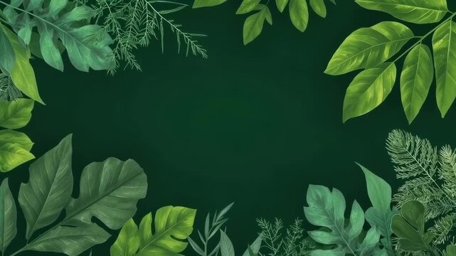 Tropical Green Leaf Border Frames Dark Botanical Background with Elegant Foliage Copy Space