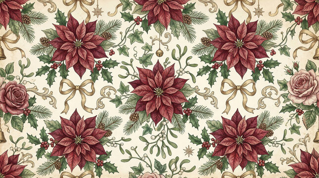 Vintage christmas pattern featuring red poinsettia flowers and golden ribbons on cream background for holiday wrapping paper.