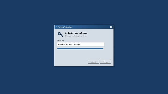 Retro software activation dialog with a product key field, animated key icon, and activated success status. Ideal for software tutorials and technology