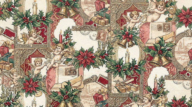vintage christmas seamless pattern featuring cherubs poinsettias holly candles and gift boxes for festive decor.