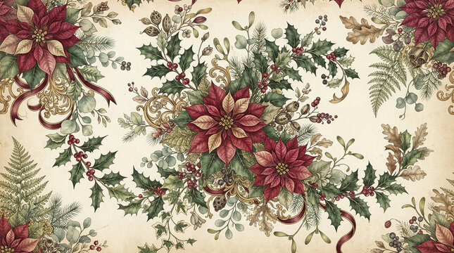 Vintage seamless pattern featuring poinsettia flowers with holly branches and berries for elegant holiday stationery and textile design.