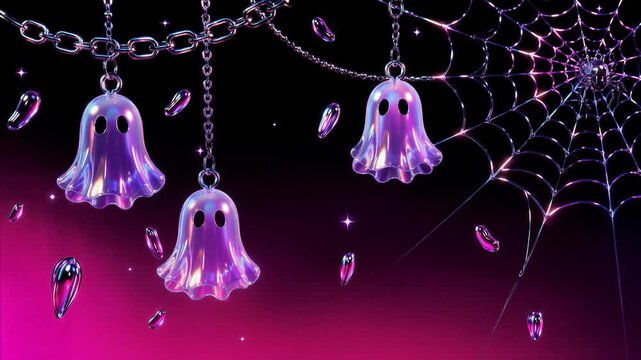 Iridescent ghosts hang from chains beside a spiderweb for a Y2K Halloween scene. Retro digital horror aesthetic. Spooky holiday decoration. Nostalgic internet style.