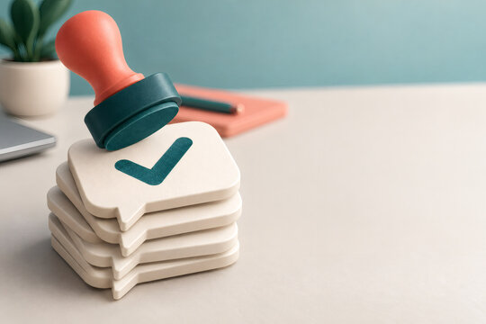 Resolved support request concept, stack of speech bubble tiles stamped with a teal check
