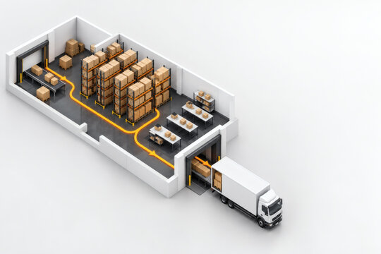 Isometric fulfillment center cutaway with an amber line tracing one order from dock to truck