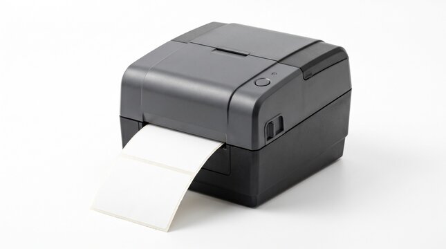 Modern gray thermal label printer with blank white labels emerging from the slot on a clean white background