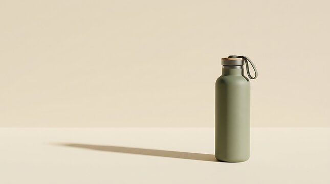 Modern reusable stainless steel water bottle standing upright on neutral beige colored studio tabletop surface