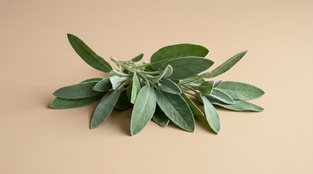 Fresh green sage leaves resting on a neutral beige background with soft gentle lighting