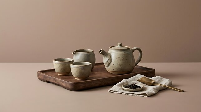 Handmade ceramic teapot and matching cups arranged neatly on a dark wooden serving tray indoors