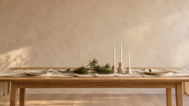 Minimalist Christmas table setting on a long oak dining table with a linen runner, stoneware plates, linen napkins, a pine branch and taper candles, empty lime plaster wall, copy space.