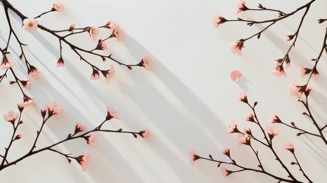 Cherry Blossom Branch Casts Delicate Shadows, Framing Serene Spring Flower Background