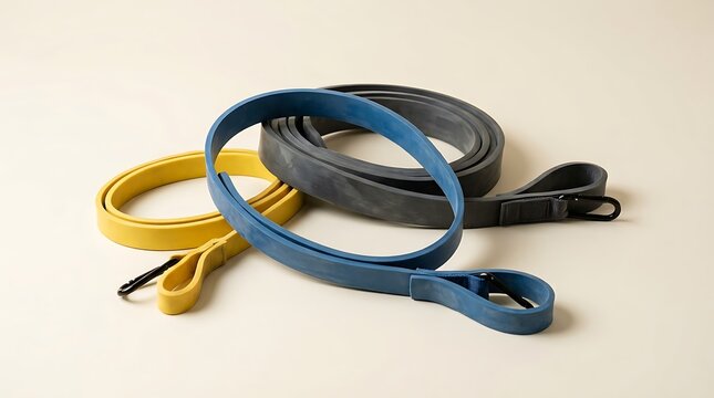 Colorful durable waterproof dog leashes neatly arranged together on neutral light studio background