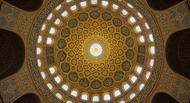 An intricate golden interior dome features traditional geometric mosaic patterns reflecting ancient craftsmanship within a historical building architecture that creates a captivating visual