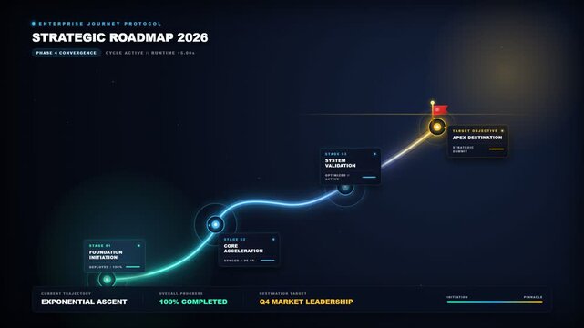 Comprehensive futuristic dashboard presents a glowing blue strategic roadmap guiding corporate progress towards ultimate success and market leadership throughout upcoming business cycles