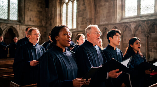 A group of people singing together in a church choir