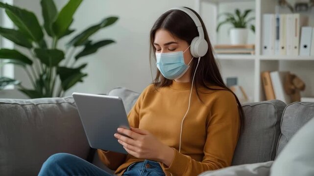 Masked Woman Working From Home on Laptop With Headphones, Listening to Audio on Tablet