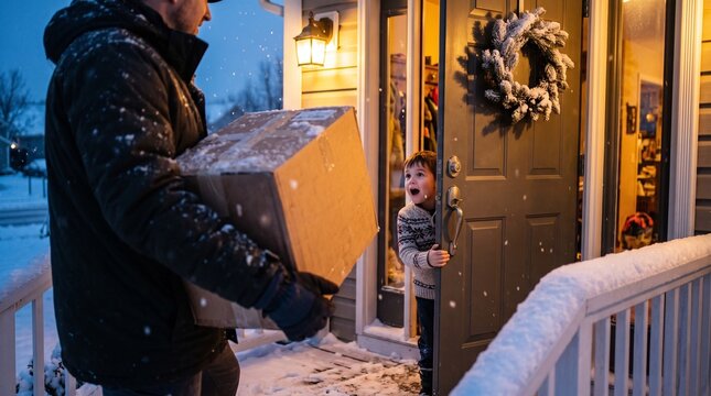 Surprised boy receives large package delivery in snowy winter evening