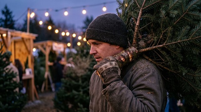 Man carrying a Christmas tree at an outdoor market with string lights