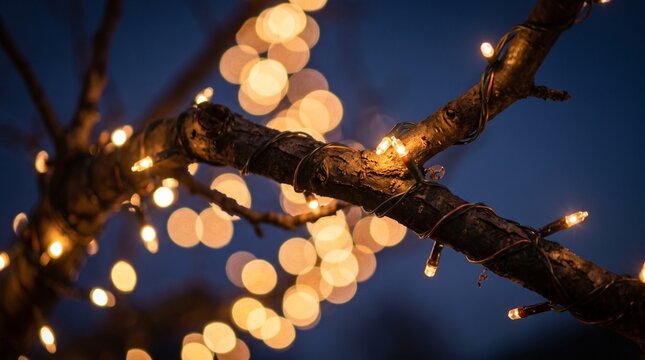 Delicate, warm toned lights twinkle on a leafless tree branch, set against a backdrop of a dark blue sky.