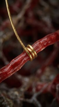 Vascular micro wire wrapping, delicate golden neurotechnology implant coiled around translucent red blood vessel, surgical macro detail of neural interface.