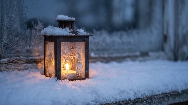 Glowing Lantern in Snow Covered Window Sill on a Cold Winter Evening